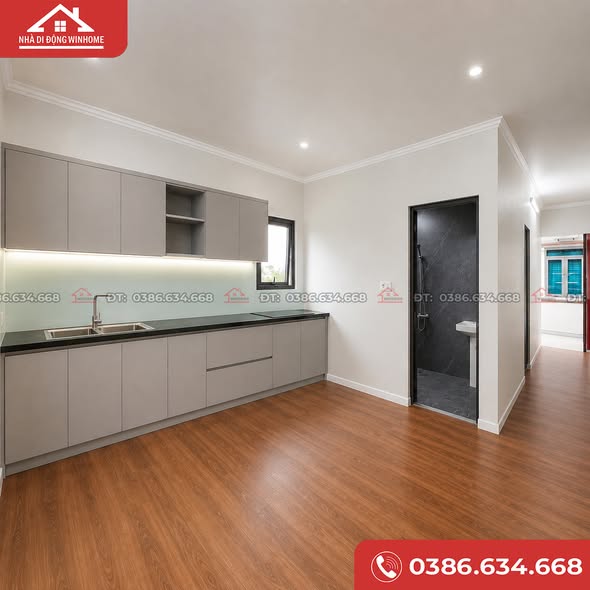 Khu vực bếp nấu của mẫu nhà lắp ghép 90m2 rất gọn gàng.